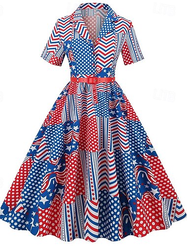  250. rocznica USA Lata 50. Retro / vintage Południe Sukienka Sukienka huśtawka Rozkloszowana sukienka Krótkie rękawy Krój A Strój na bal maskowy Damskie 4 lipca Dzień Niepodległości Dla dorosłych