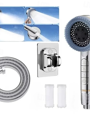  5 stk. håndholdt høytrykksdusjhode, fire spraymoduser, ionisk vanndråpedusjhode, veggmontering, med av/på-bryter, filtrert dusjmassasjeapparat med slange og justerbar hardtvannsstøtte for dusjen.