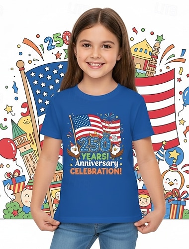  Mädchen 3D Grafik Flagge 250-jähriges Jubiläum T-Shirt Kurzarm 3D-Druck Sommer Frühling Sport Mode Streetwear Kinder 4-12 Jahre Rundhalsausschnitt Lässig Täglich Outdoor Normale Passform