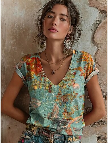  Dames T-shirt Afdrukken Bloemig Grafisch Vintage Stijlvol Klassiek Korte mouw V-hals Normale tops Dagelijks Hemelsblauw Groen Zomer Lente