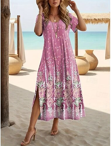  Damen Midikleid A Linie Kleid Lässig Täglich Normale Passform Blumen Kurzarm V Ausschnitt Hellgrün Rosa Sommer Frühling