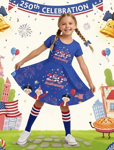  Girls ' 3D Grafika Zászló Ruha Rövid ujjú 3D nyomtatás Nyár Tavasz Napi Vakáció Parti aranyos stílus Alap Alkalmi Gyerekek 4-12 év hétköznapi ruha A vonalú ruha Térdig érő Normál