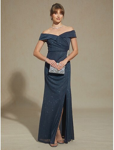  Damen Maxikleid Trompeten- Meerjungfrauenkleid Elegant Abendgesellschaft Strass Steine Verschönert Schlank Einfarbig Ärmellos Schulterfrei Kalter Schulter-Ausschnitt Silber