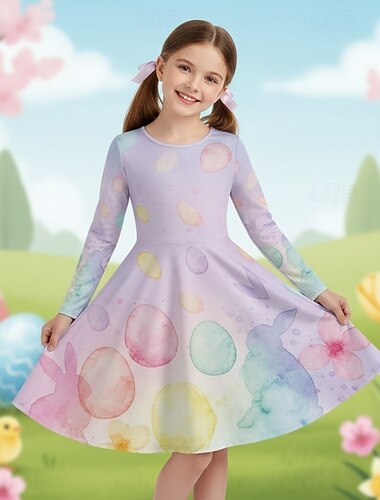  Ostern Mädchen' 3D Grafik Kaninchen Kleid Langarm 3D-Druck Frühling Herbst Täglich Urlaub Party Lässig Prinzessin Schön Kinder 4-12 Jahre Freizeitkleid A Linie Kleid Knielang Normale Passform