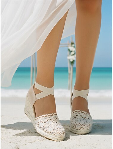  Dames gehaakte kant espadrillesandalen met sleehak – vintage stijl gesloten teen platform schoenen met enkelbandjes, ideaal voor zomerse strandbruiloften en tuinfeesten