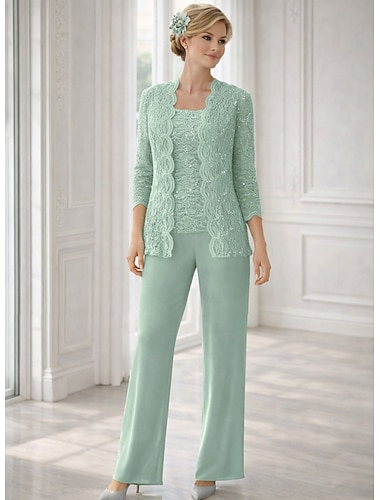  Pantalonpak Lange Jurk voor Moeder van de Bruid 3/4 Mouw Vierkante Hals Elegante Simpele Bruiloftsgast met Effen Kleur