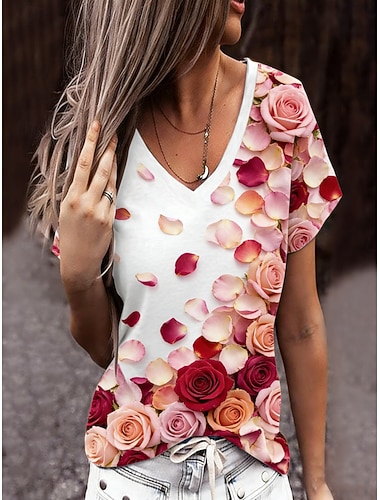  Valentinstag Damen T Shirt T-Shirt Druck Blumen Grafik Stilvoll Klassisch Lässig Kurzarm V Ausschnitt Normale Oberteile Täglich Ausgehen Wochenende Rosa Rosa Sommer Frühling