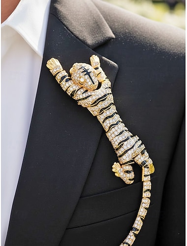  Spilla da uomo a forma di tigre in lega, disponibile nei colori oro e argento, impreziosita da cristalli, accessorio elegante per matrimoni e cene