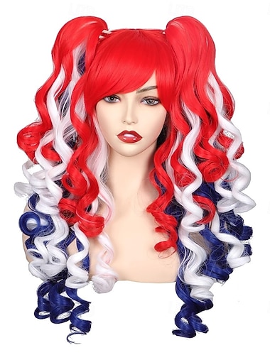  Perruque cosplay longue et bouclée avec 2 couettes (rouge/blanc/bleu)