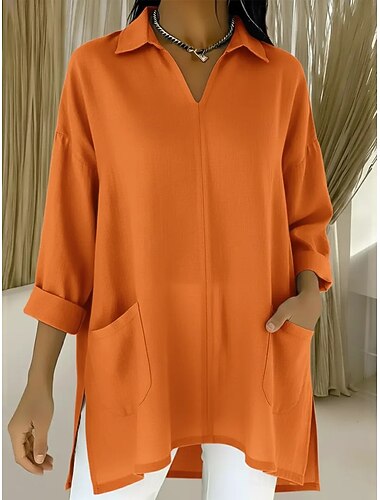  Mulheres Camisas com toque de linho Túnica Camisa de algodão Bolsos Côr Sólida Elegante Ativo Diário Manga Longa Colarinho de Camisa Tops regulares Diário Trabalho Feriado Branco Vinho Azul Marinha