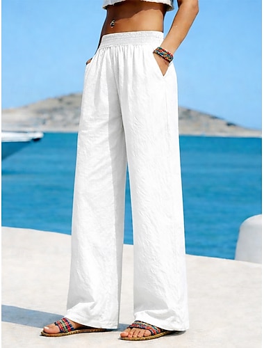  Damen Weites Bein Chinos Sommerhose 100% Baumwolle Mode Streetwear Komfort Volle Länge Hohe Taille Einfach Tasche Elastischer Bund Bequem Außenbereich Straße Alltagskleidung Ausgehen Apfel Grün