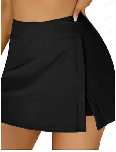  Damen Badeanzug Dehnbare Boxershorts Rock Bademode Hohe Taille Urlaub Strandbekleidung Einfarbig Ärmellos Badeanzüge