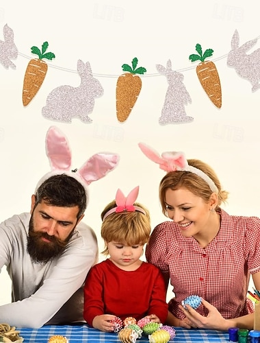  2 conjuntos de bandeirolas de coelho da Páscoa com glitter - guirlandas coloridas para decoração de festas de primavera, ideais para lareira ou parede.
