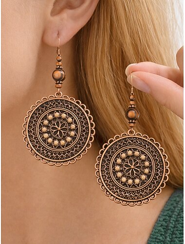  Runde Damen-Ohrhänger aus Legierung und Holz, Vintage-Boho-Mandala-Design, leichtes Statement-Piece, perfekt für lässige Alltagskleidung, Strandurlaub und Sommeroutfits.