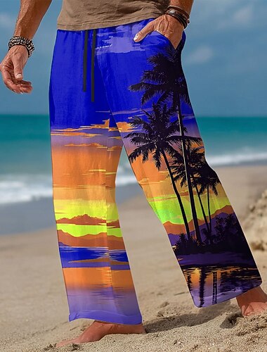  Miesten Kookospuu Luonto ja maisemat Trooppiset kasvit Housut Rennot housut Roikkuvat housut Keskivyötärö Havaijilainen Loma Joustava kiristysnyöri vyötäröllä Pellavamaiset housut taskuilla Kesä Kevät