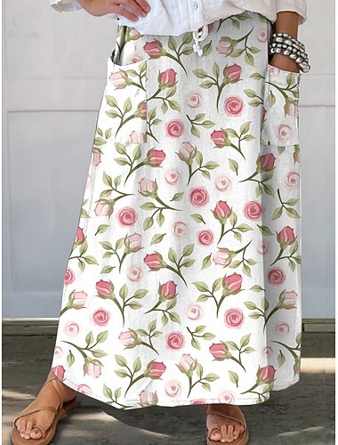  Dames Casual Maxi Mid Linnenachtig Taille Rok Bloem Bloem Inelastisch Dagelijks Vakantie Blauw Wit Oranje Groen Zomer Polyester