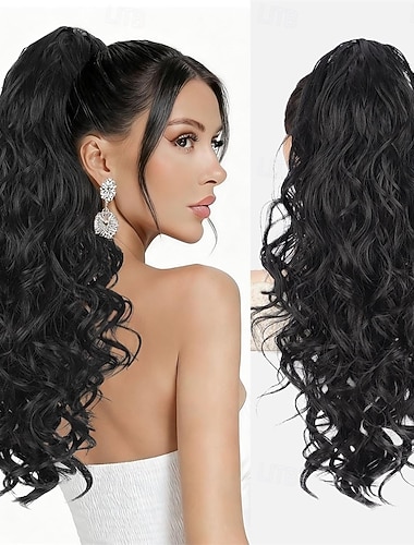  Pferdeschwanz-Verlängerung, 66 cm lange Pferdeschwanz-Haarverlängerungen für Damen, gewellter, lockiger Pferdeschwanz mit Haarspange, flauschiger, natürlicher künstlicher Pferdeschwanz (schwarz, 66