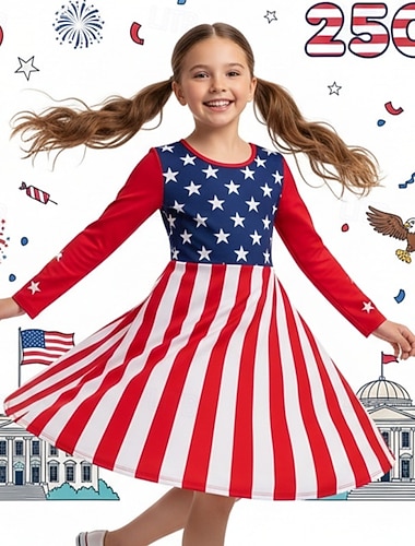  Mädchen' 3D Grafik Flagge Kleid Langarm 3D-Druck Frühling Herbst Täglich Urlaub Party Lässig Prinzessin Schön Kinder 4-12 Jahre Freizeitkleid A Linie Kleid Knielang Normale Passform