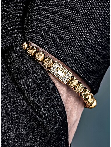  Herenarmband van roestvrij staal, verkrijgbaar in goud, zilver en zwart, met een kroonontwerp en fonkelende stenen, geschikt voor bruiloften, dagelijks gebruik en als modieus sieraad.