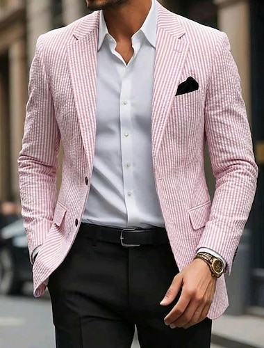  בגדי ריקוד גברים ז'קט בלייזר צווארון חריץ אופנתי משקל קל קלסי פסים Blazer חליפות סרסאקר בלייזר סריג-סוקר ורוד מסמיק כחול סקיי גזרה מחוייטת כפתורי שני כפתורים חד חזה