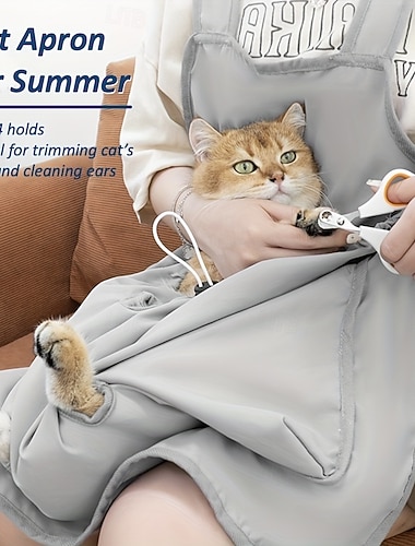  Tablier de toilettage d'été pour chat, résistant aux griffures, avec 4 trous de fixation | Sac de transport pour cage, bavoir de soin pour chat pour la coupe des griffes, le nettoyage des oreilles,