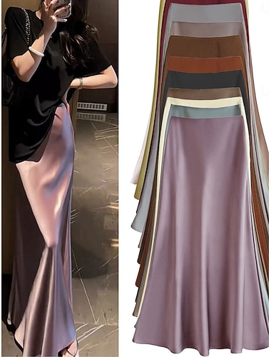  Damen Satinröcke Elegant Vintage Mode Lässig Maxi Hohe Taille Röcke Einfach Gerafft Patchwork Unelastisch Täglich Büro / Karriere Hellrosa Graues Grün Wein Amethyst Sommer Satin Polyester