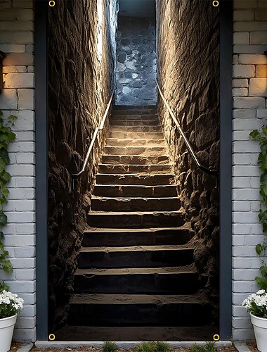  Revestimento de porta em 3D com escada de pedra, degraus antigos, banner de ilusão de caminho misterioso para pendurar na parede, decoração para casa ou escritório.