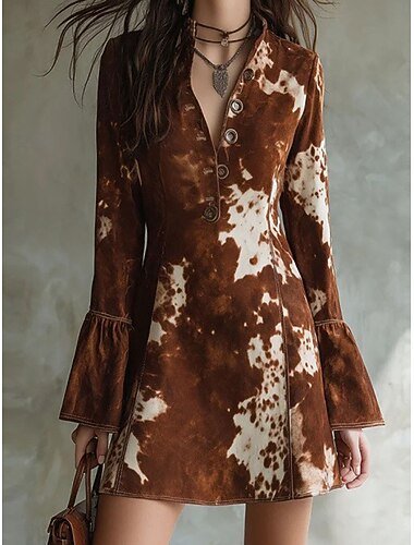  Damskie Sukienka mini Zabytkowa sukienka Codzienne sukienki Sukienka Boho Sukienka z nadrukiem Elegancja Moda Nowoczesny Codzienny Na zewnątrz Urlop Regularny Równina Długi rękaw Kołnierzyk koszuli