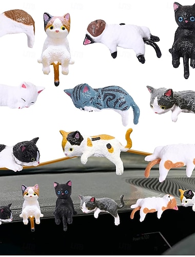  Lot de 10 mini figurines de chats pour bureau, adorables compagnons de dessin animé, accessoires de décoration pour l'intérieur de la voiture, décoration de tableau de bord, cadeau amusant pour