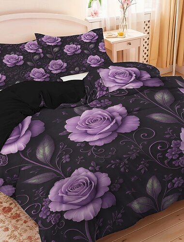  Conjunto de capa de edredom com estampa de rosas roxas e borboletas, estilo hotel, composto por 1 capa de edredom e 2 fronhas em tecido macio e aveludado. Edredom não incluso.
