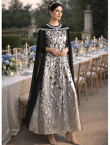  A-Lijn Vloerlengte Feestjurk Cocktails Jurk Bruiloft Gasten Jurk Moeder van de Bruid Jurk Lange Mouwen Crew Neck Elegante Formele Bruiloft Gasten met Borduursel