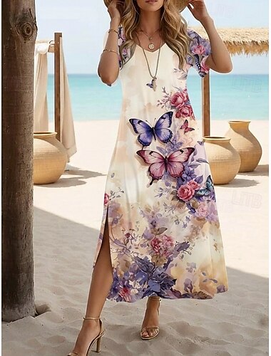  Femmes Robe Midi Robe d'Été Robe trapèze Vacances Occasionnel Boho Papillon Vacances Sortir Coupe régulière Fleuri Graphique Arc-en-ciel Manche Courte Col Rond Bleu Clair Bleu Blanc Multicouleur Été