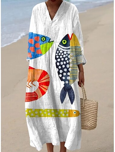  Damskie Sukienka maxi Sukienka trapezowa Sukienka letnia Urlop Codzienny Plaża Wyjściowe Luźna Graficzny Geometryczny Abstrakcja Długi rękaw W serek Biały Czerwony Lato Wiosna