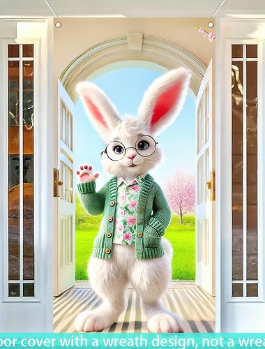  Capa de boas-vindas de Páscoa para porta, adorável coelhinho acenando em moldura com design de guirlanda, decoração encantadora de primavera para a Páscoa, perfeita para portas e decoração externa.