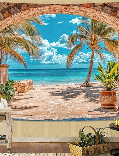  Strandlandskap vindusbilledvev tropisk hav palmetre sjøside veggbakgrunn sommermaleri til stue soverom kontordekor