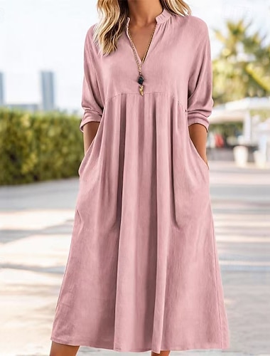  Damen Midikleid Kunstbaumwollleinen Shiftkleid Freizeitkleid Elegant Vintage Mode Täglich Urlaub Ausgehen Lässiger Schnitt Einfach Langarm V Ausschnitt Blau Weiß Rosa Grün Frühling Herbst