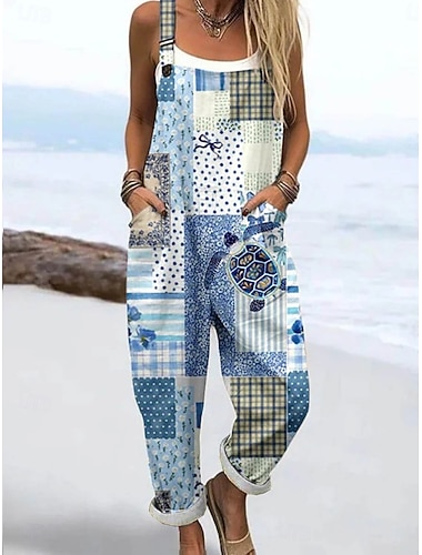  Damen Overall Aktiv Blumen Ärmellos Ärmellos Haremshose Quadrathals Patchwork Tasche Täglich Strand Lässiger Schnitt Blau Rosa Purpur Sommer