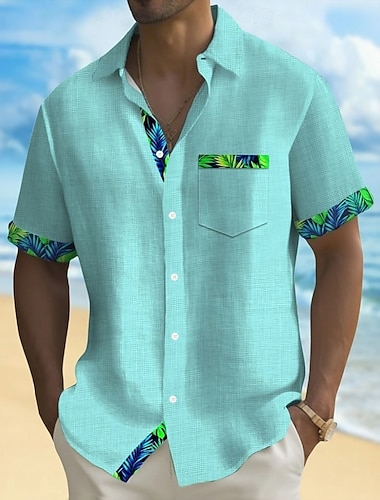  Per uomo Foglia di palma Piante Tropicali Camicia Camicie hawaiane Camicia Aloha Manica Corta Hawaiano Vacanza Ferie Estate Collo ripiegato Stampa 3D Una tasca anteriore Camicia tipo lino Blu Blu