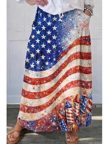  Vintage-Mode für Damen zum Unabhängigkeitstag: Lässige Maxiröcke mit hohem Bund, Grafikprint, Mikro-Elastik, für den Alltag, in Blau und Rot, aus Polyester.