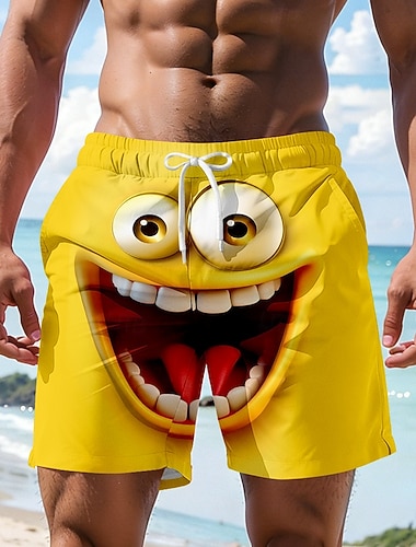  Herren Optische Täuschung 3D Zeichentrick Lächelndes Gesicht Badehosen Badeshorts Boardshorts Mittlere Taille Hawaiianisch Lustig Strandurlaub Seitentaschen Netzfutter Elastischer Kordelzug in der