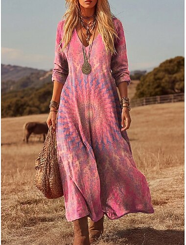  Abito Maxi da Donna Boho Vestito T-shirt Tee Vestito Casual Quotidiano Vestibilità Larga Astratto Manica Lunga V Collo Blu Rosa Rosso Estate Primavera