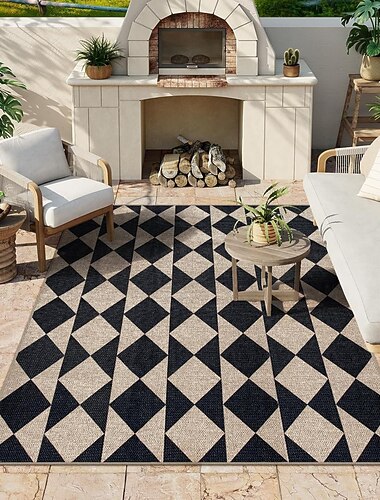  Tapis d'extérieur pour terrasse, tapis en jute lavable et facile à nettoyer pour entrée, intérieur et extérieur, tapis de salon antidérapant de style champêtre pour jardin ou chambre, motif diamant
