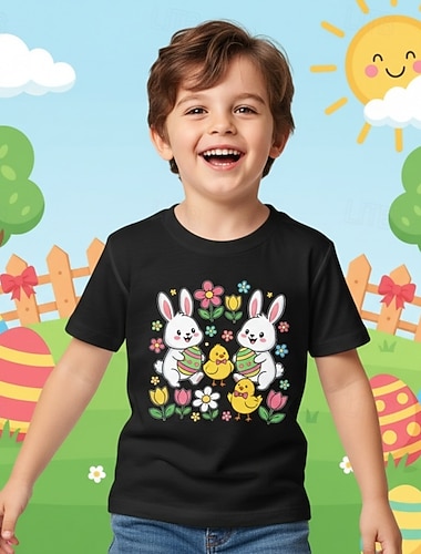  Bomull 100 % bomull Påsk Barn Pojkar Blå Svart Vit Grafisk Kanin T-shirt Blus Rund hals Kortärmad Utomhus Påsk Vardag Mode Streetwear Designer Tryck Sommar Vår