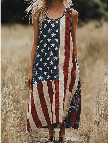 Damen Maxikleid Freizeitkleid Unterkleid Mode Basic Modern Täglich Outdoor Strand Normale Passform Amerikanische Flagge Sternenbanner Ärmellos Rundhalsausschnitt V Ausschnitt Blau Sommer Frühling