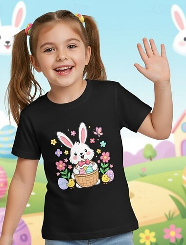  100% Baumwolle Ostern Kinder Mädchen Blau Schwarz Weiß Grafik Kaninchen T-Shirt Rundhalsausschnitt Kurzarm Täglich Outdoor Streetwear Urlaub Sport Mode Drucken Sommer Frühling