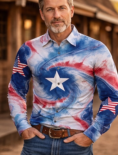  250-årsjubileum i USA Retro / vintage 1970erne قميص Aloha skjorte Lange Ermer Hippie Geometrisk Etnisk Kostyme Herre Maskerade 4. juli Fest Uavhengighetsdagen Voksne Trøye