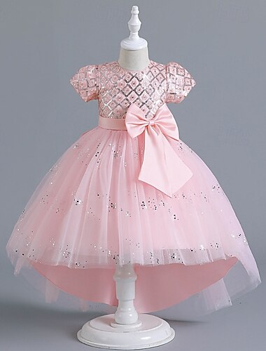  فستان حاملات الأزهار للفتيات الزي الرسمي ملابس الزفاف مناسب للحفلات زفاف رسمي موضة بديع أميرة بقع شبكة لون الصلبة كم قصير رقبة العمل أزرق وردي بلاشيهغ 4 سنوات +