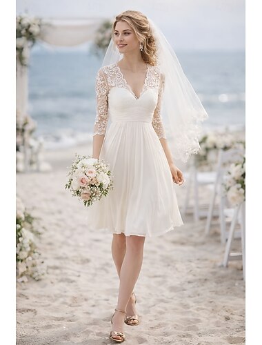  Ligne A Mi-long Robes de mariée Robes pour enterrement de vie de jeune fille robe de mariée Dos Nu Petites Robes Blanches Manche 3/4 Col en V Remise des Diplômes Anniversaire Chiffon Dentelle avec