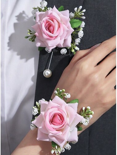  Sett med corsage og boutonniere til brudepiker og forlovere for kvinner, tilgjengelig i flere farger, polyestermateriale, perfekt for bryllup og fester
