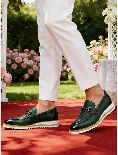  męskie zielone skórzane buty codzienne, elegancki, wsuwany design, wygodna, amortyzowana podeszwa, stylowy, swobodny wygląd na wesela, imprezy i do noszenia na co dzień